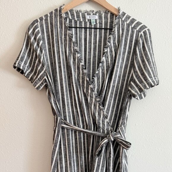 Susina Womens Sz M Linen Blend Faux Wrap Dress With Tie Dark Gray Stripe - Picture 1 of 12